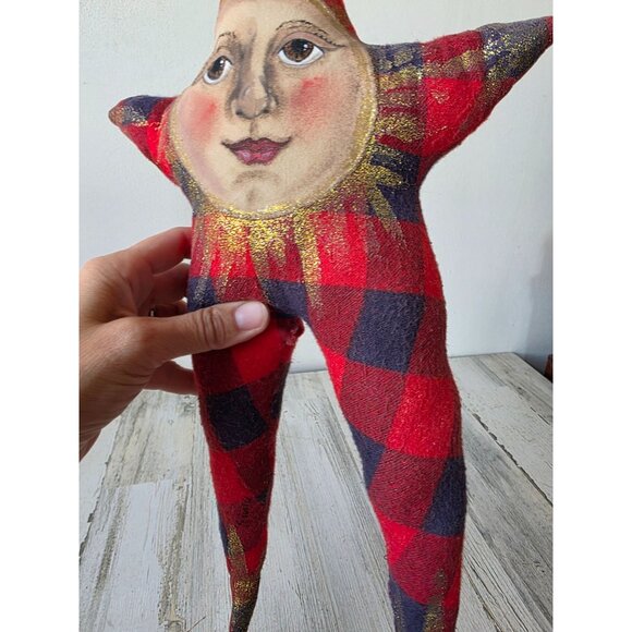 Plush anthromorphic star Sun vintage Xmas decor hanging plaid red blue gold glit - Picture 3 of 8